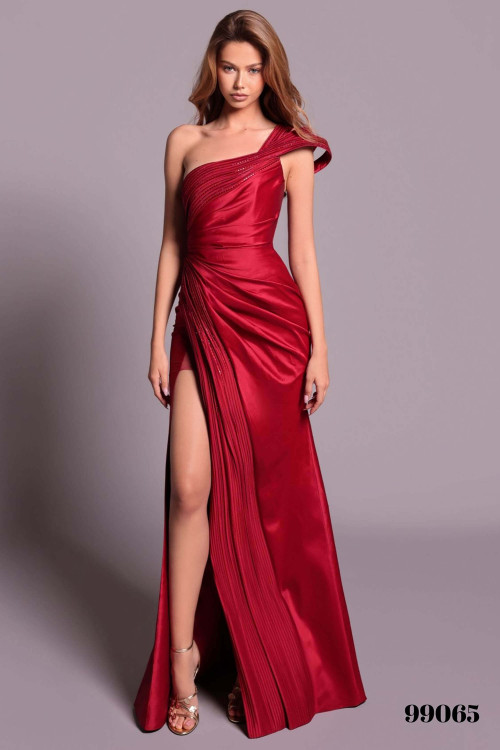Front view of burgundy Tarik Ediz Tiare one-shoulder gown