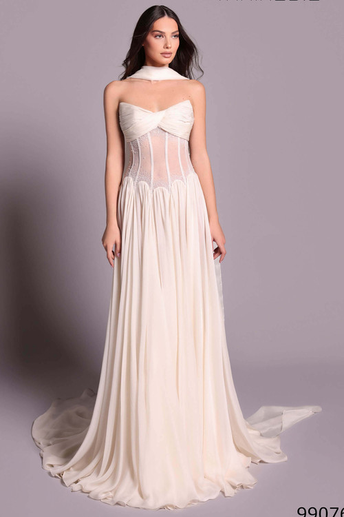 Front view of vanilla Tarik Ediz Valerian chiffon evening gown