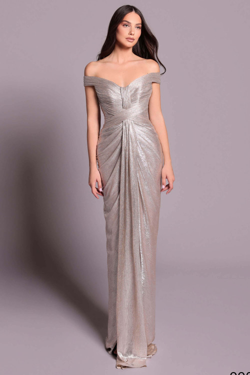 Front view of nude silver Tarik Ediz Alyx silky foil gown