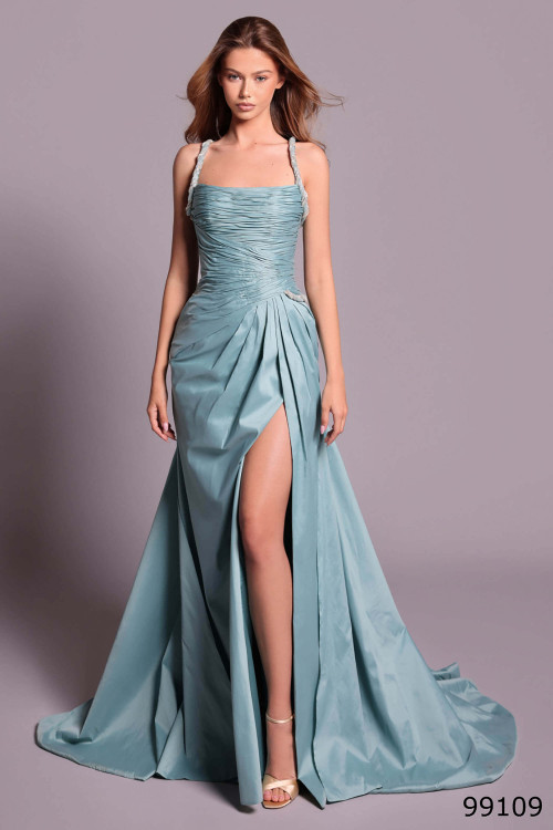 Front view of blue haze Tarik Ediz Arnica taffeta gown