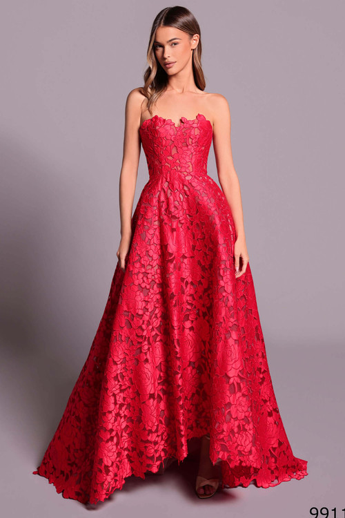 Front view of red Tarik Ediz Ixoka lace mother gown