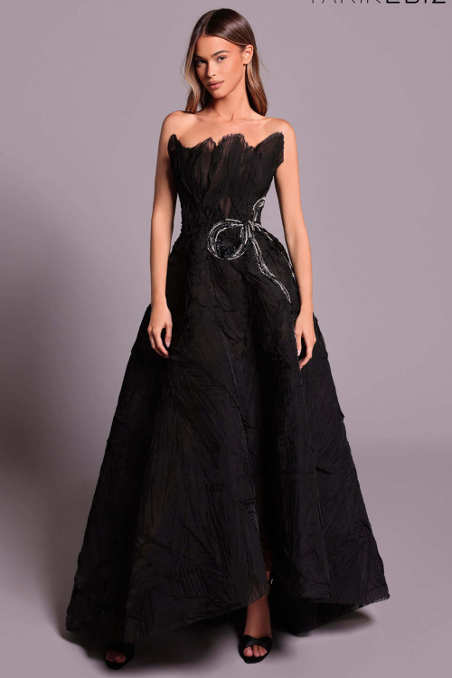 Front view of black Tarik Ediz Trilium organza mother gown