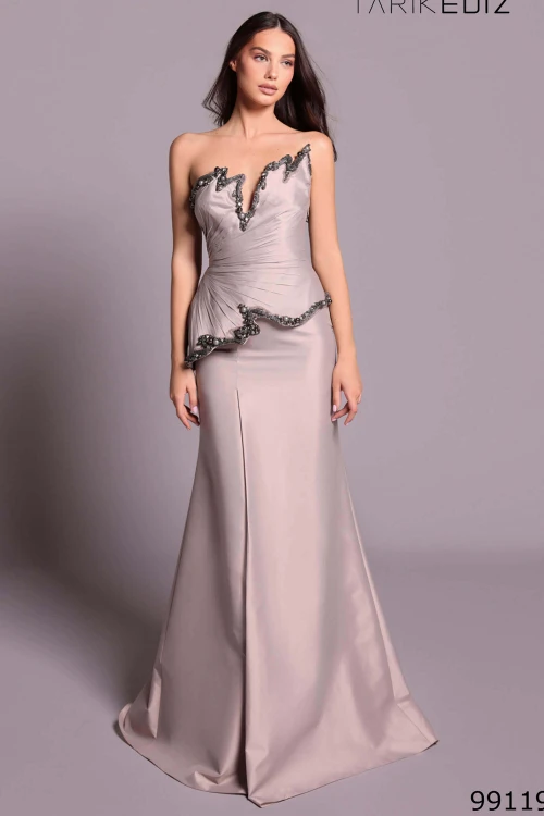 Front view of mink Tarik Ediz Carisa strapless mother gown