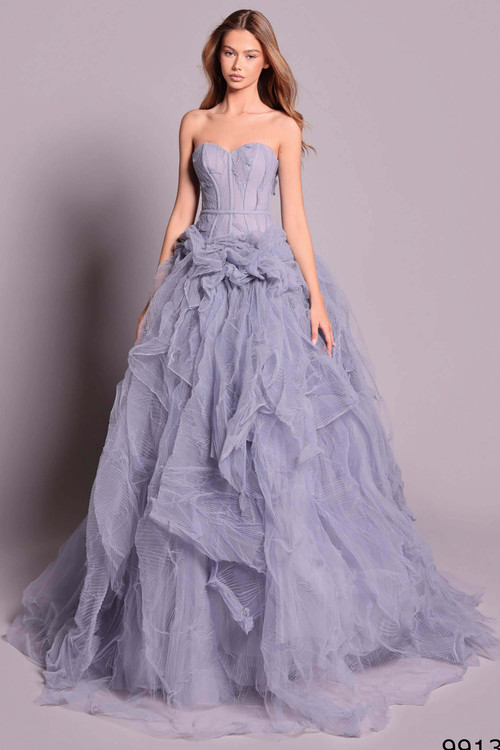 Front view of lilac blue Tarik Ediz Nill ballgown with ruffled skirt