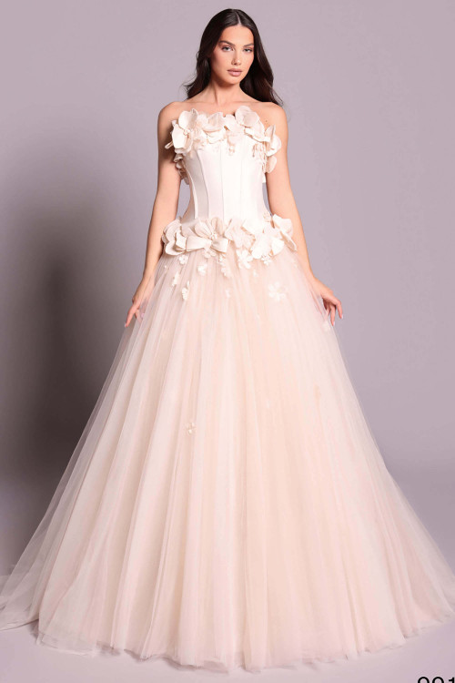 Front view of ice pink Tarik Ediz Clara ballgown with 3D floral appliques