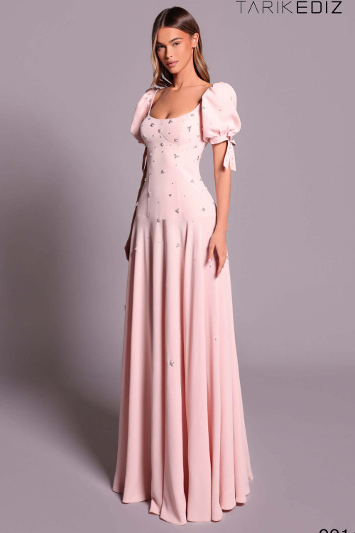 Front view of ice pink Tarik Ediz Luana evening gown with puff sleeves