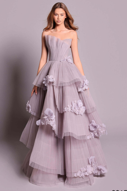 Front view of lilac blue Tarik Ediz Stella ballgown with floral appliques