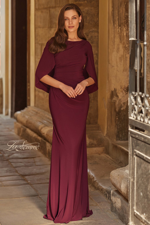 Front view of dark berry La Femme 33148 cape sleeve mother dress