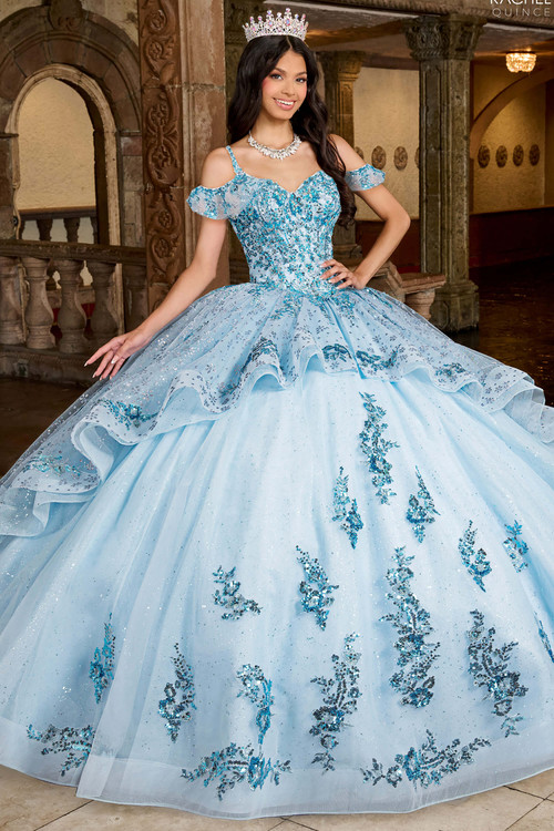 Rachel Allan RQ1136 light blue glitter tulle quinceanera dress front view
