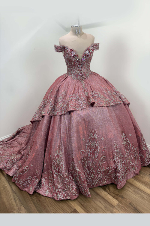 Ragazza EV-38-638 moon pink sparkle quinceanera dress with beaded bodice front view