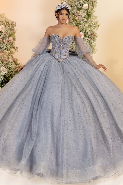 Fiesta Gowns 56552 platinum strapless beaded ball gown, statement back bow, front view