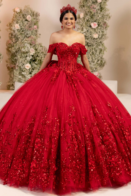 Fiesta Gowns 56557 red 3D embroidered lace ball gown, front view