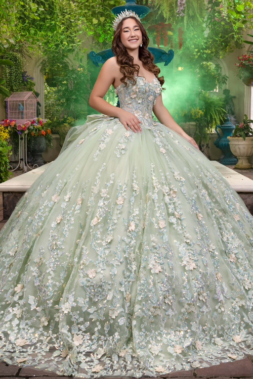 Maravilla 80002 sage quinceanera ball gown with 3D floral appliqués, front view