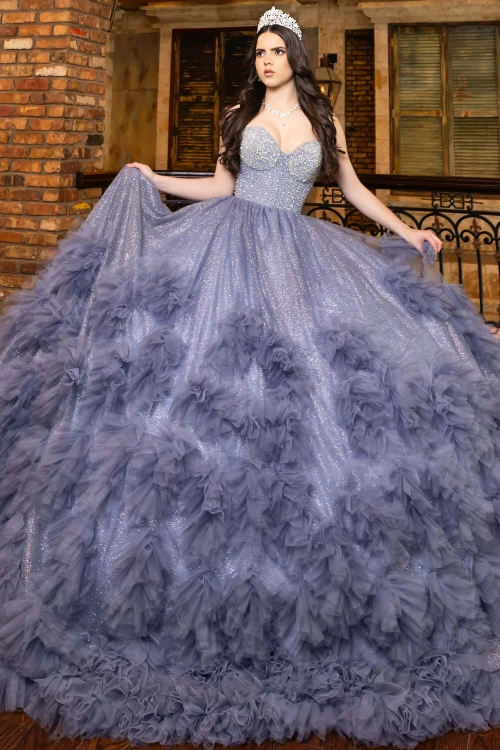 Maravilla 80022 slate blue quinceanera ball gown with ruffle skirt, front view