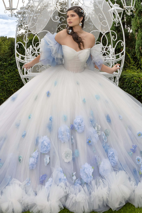 Maravilla 80025 ivory blue floral quinceanera ball gown with cascading flowers, front view
