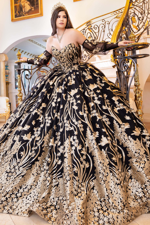 Maravilla 80029 black and gold metallic lace ball gown, bishop sleeves, front view