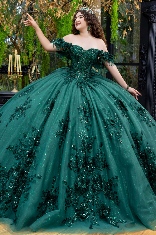 Maravilla 80047 emerald green 3D floral ball gown, front view
