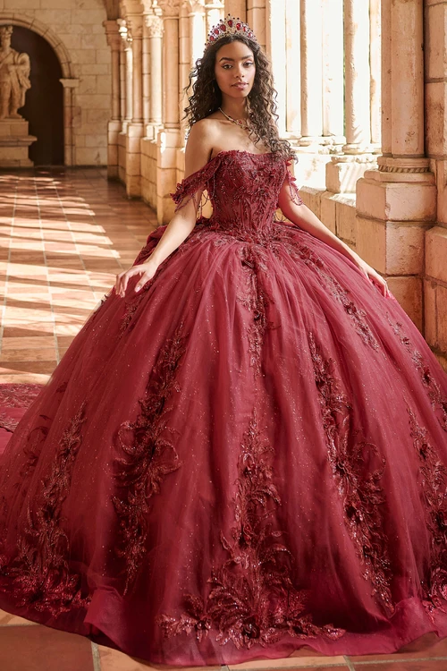 Maravilla 80051 burgundy metallic lace ball gown, front view