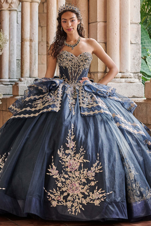 Maravilla 80058 navy and gold embroidered ball gown, front view