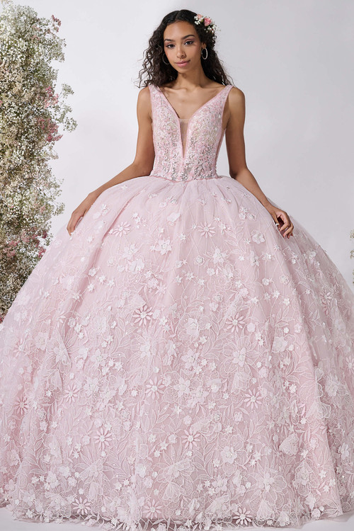 Maravilla 80060 pale pink floral appliqué ball gown, front view