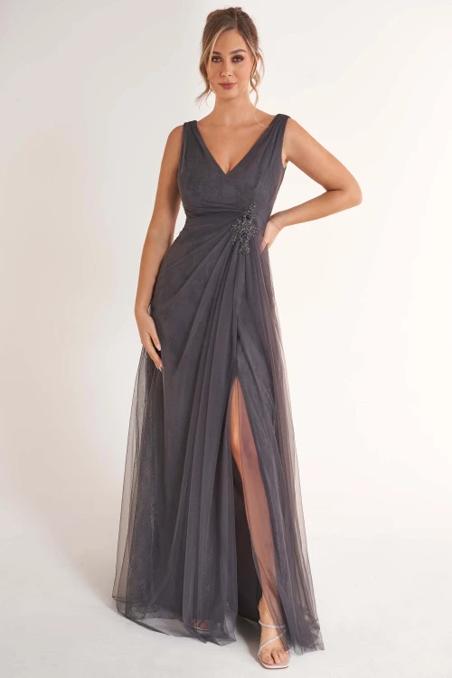 Front view of graphite Jade Couture K278068 tulle mother dress