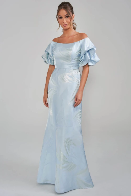 Front view of powder blue Jade Couture K288012 jacquard mother dress