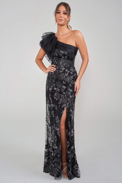 Front view of black Jade Couture K288025 embroidered lace mother dress