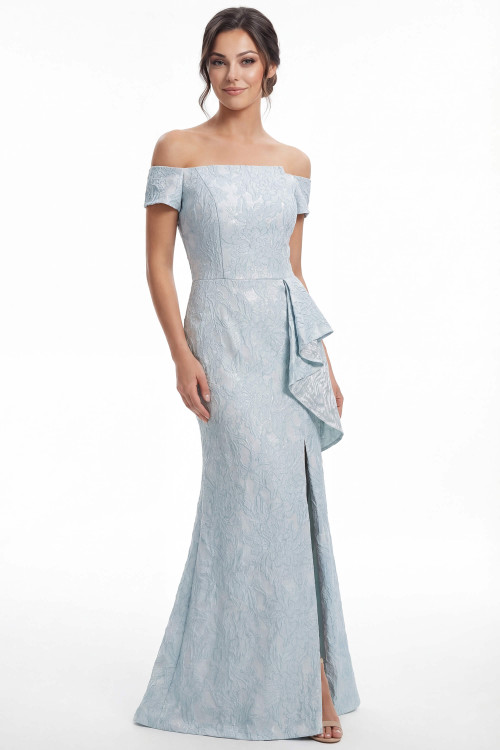 Front view of crystal blue Jade Couture K288060 jacquard mother dress