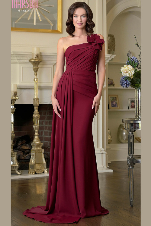 Front view of wine Marsoni M330 one shoulder mother of the bride gown