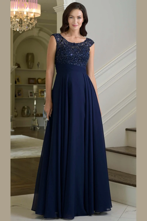 Front view of navy Marsoni M335 chiffon mother of the bride gown