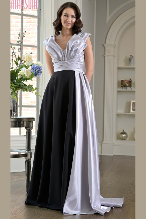 Front view of black and silver Marsoni M345 organza mother of the bride gown