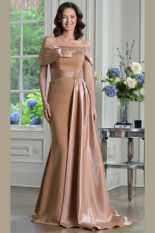 Front view of antique gold Marsoni M347 mother of the bride gown