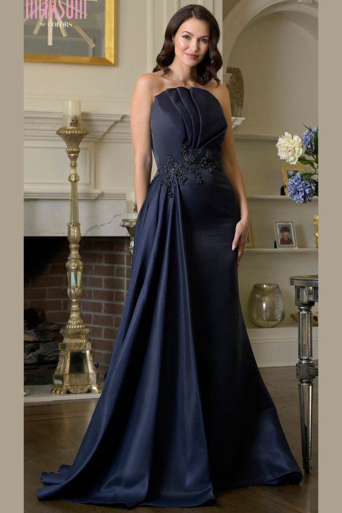 Front view of navy Marsoni MV1356 strapless mother of the bride gown
