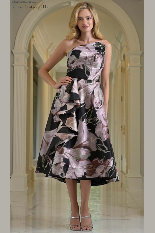 Front view of black and mauve Rina di Montella RD214 floral jacquard mother of the bride dress