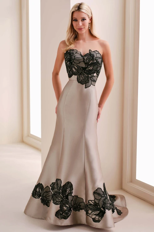 Front view of Montage M841 taupe mikado mother dress with black lace appliqués