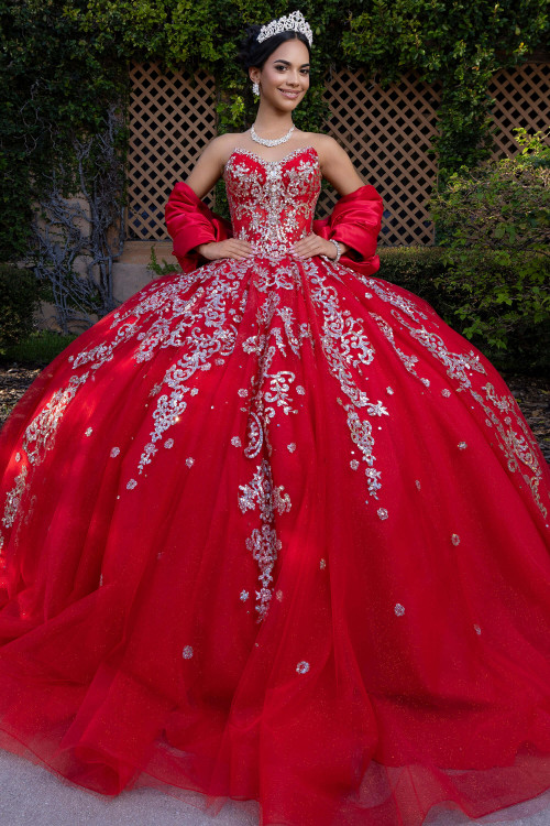 Vizcaya 4080008 red silver cat eye quinceanera ball gown, front view