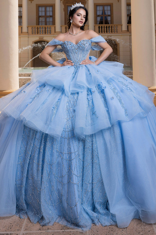 Vizcaya 4080010 Bahama blue tiered peplum quinceanera ball gown, front view
