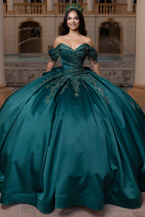 Vizcaya 4080011 emerald satin quinceanera ball gown with portrait neckline, front view