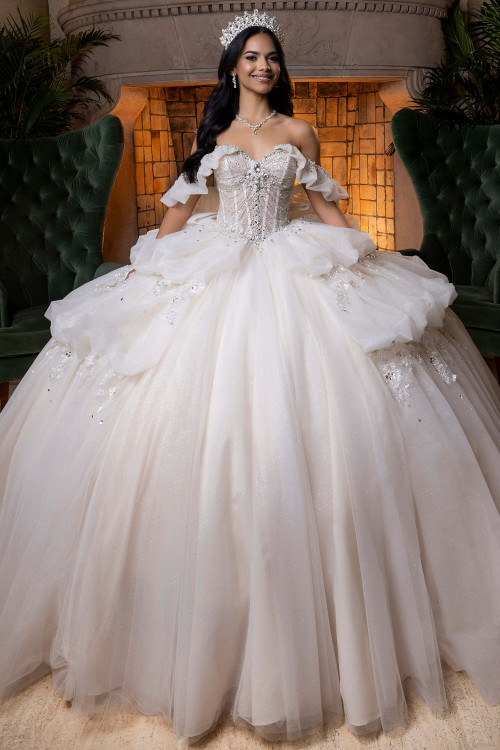 Vizcaya 4080014 ivory champagne tiered pick-up quinceanera ball gown, front view