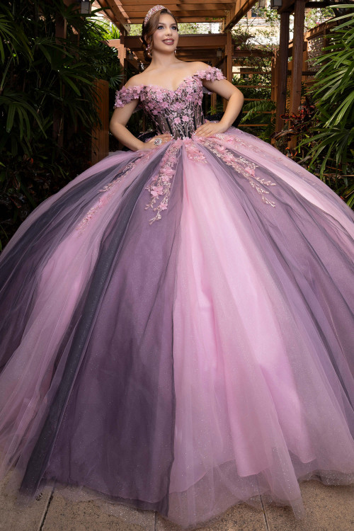 Vizcaya 4080018 black pink floral embroidered quinceanera ball gown, front view