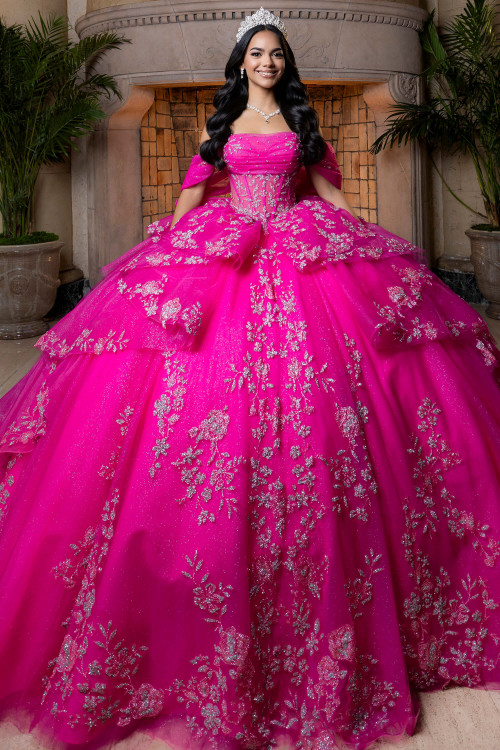 Vizcaya 4080027 fuchsia silver glitter floral quinceanera ball gown, front view