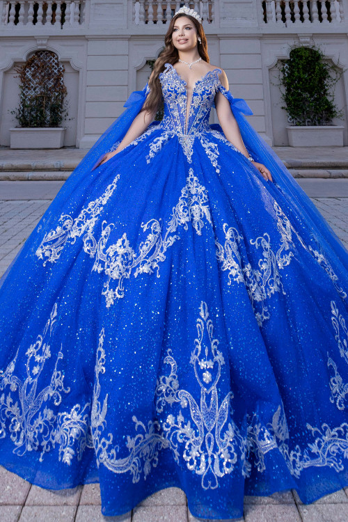 Vizcaya 4080028 royal blue flame cat eye quinceanera ball gown, front view