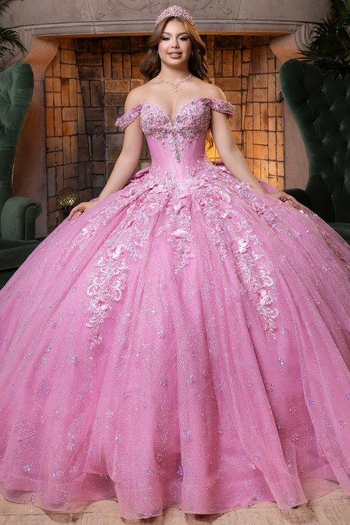 Vizcaya 4080029 pink crystal corset quinceanera ball gown, front view