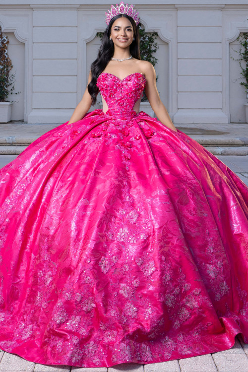 Vizcaya 4080031 fuchsia convertible quinceanera ball gown, front view