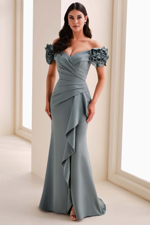 Front view of Cameron Blake CB209 eucalyptus crepe mother dress with 3D flowers