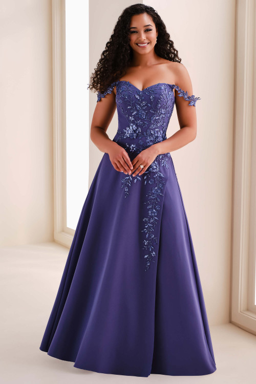 Front view of Cameron Blake CB211 delphinium crepe mother dress with lace appliqués