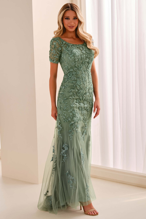 Front view of Cameron Blake CB450 jade embroidered tulle mother dress
