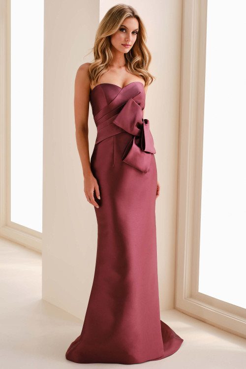 Front view of Cameron Blake CB831 raisin Mikado mother dress