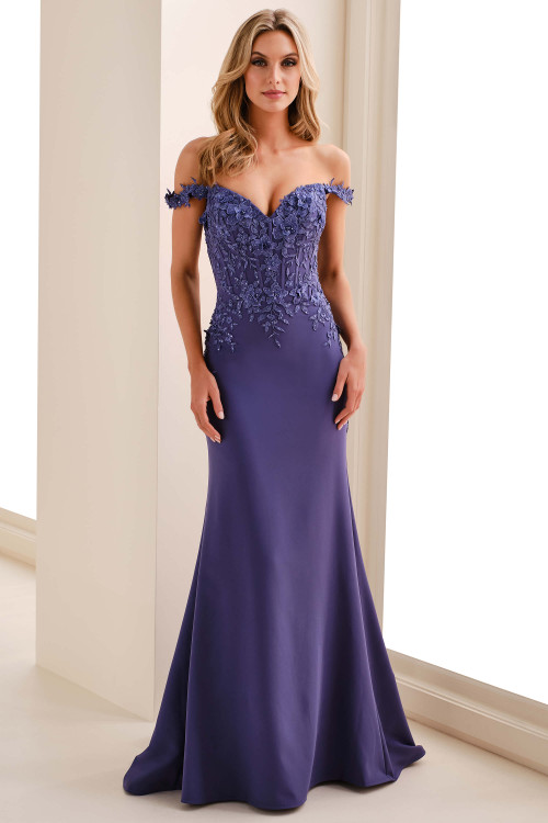 Front view of Cameron Blake CB834 delphinium lace mother dress