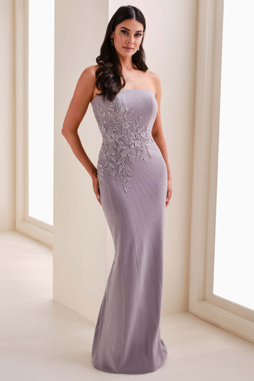 Front view of Cameron Blake CB835 nickel strapless mother dress